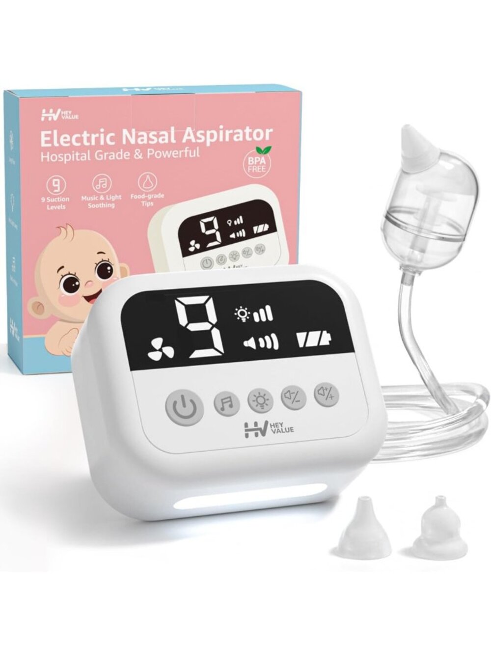 Baby Nasal Aspirator - Hospital Grade Suction, 9 Levels, Silicone Tips, Night